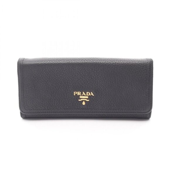 Prada Bifold Long Wallet Vitello Daino Black Leather Zip